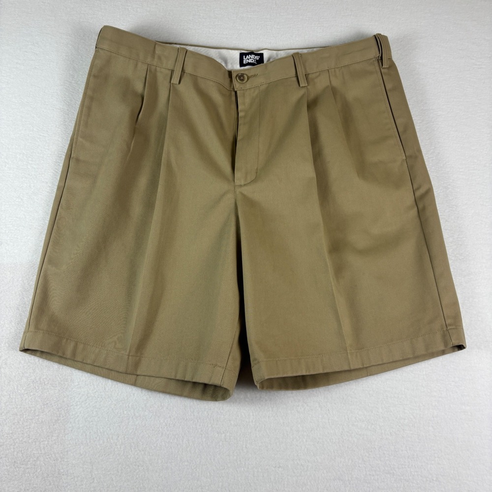 Lands End Mens Traditional Fit Pleated Chino Shorts Tan Khaki Size 40 Cotton